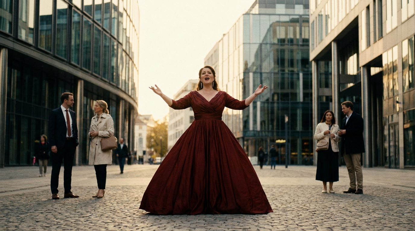 Une soprano chante en plein air dans la ville